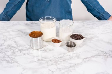 Ev yapımı çikolatalı dondurma yapmak için mermer tezgahın üzerindeki malzemeler..