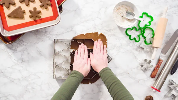 Flat Lay Step Step Cutting Out Shapes Christmas Cookies Cutter — Stock Photo, Image