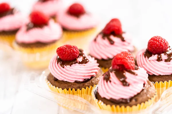 Verpackung Von Gourmet Schokolade Himbeer Cupcakes Transparente Kunststoffboxen — Stockfoto