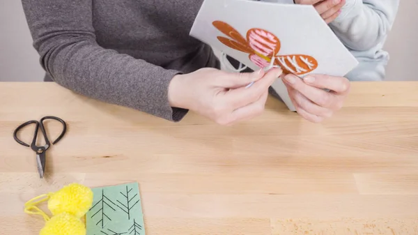 Little Girl Learning How Sew Her Mother Craft Table — Stock Photo, Image