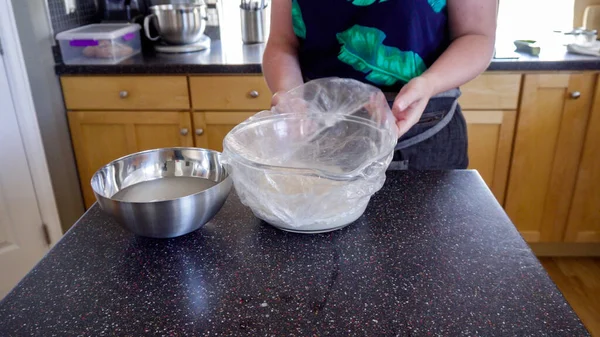 Step by step. Baking sourdough bread in residential kitchen.