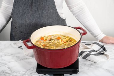 Hollanda usulü fırında kluski şehriyeli tavuk çorbası pişirmek..