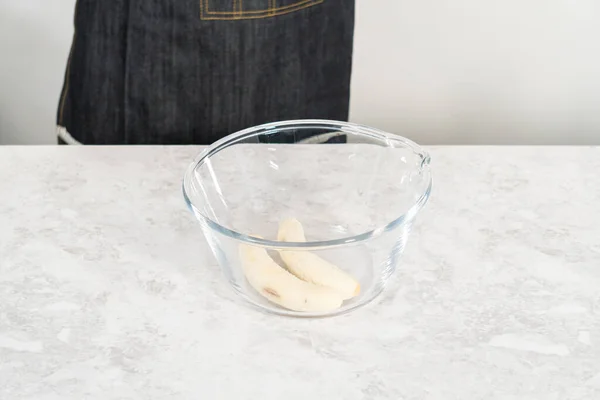 Smashing Riped Bananas Glass Mixing Bowl Prepare Coconut Banana Pancakes — Stock Photo, Image