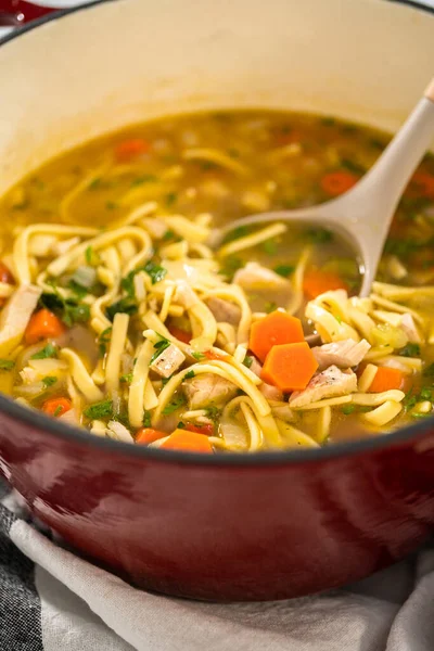 Servir Sopa Fideos Pollo Con Fideos Kluski Tazones Cerámica Blanca — Foto de Stock