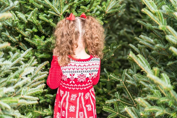 女の子で赤いドレスでクリスマスツリーファーム — ストック写真