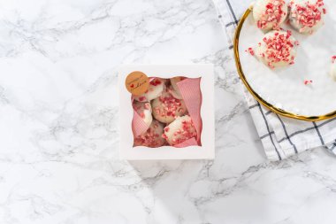 Düz yatıyordu. Yeni pişmiş nane şekerli beyaz çikolatalı kurabiyeleri beyaz bir karton kutuya doldurmak..