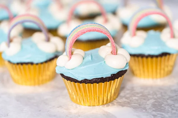 Chocolate Cupcakes Decorated Blue Buttercream Frosting Rainbow Unicorn Theme Birthday — Stock Photo, Image