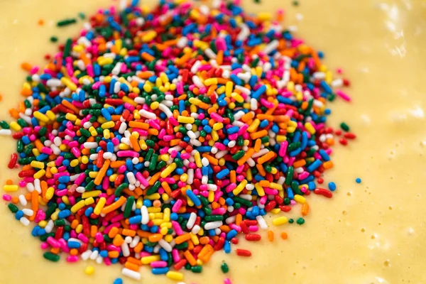 Close View Mixing Ingredients Glass Mixing Bowl Bake Funfettti Bundt — Stock Photo, Image