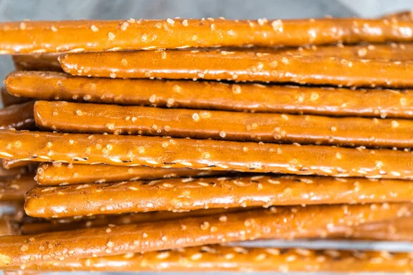 Ingredients Glass Mixing Bowls Prepare Carrot Chocolate Covered Pretzels — Stock Photo, Image