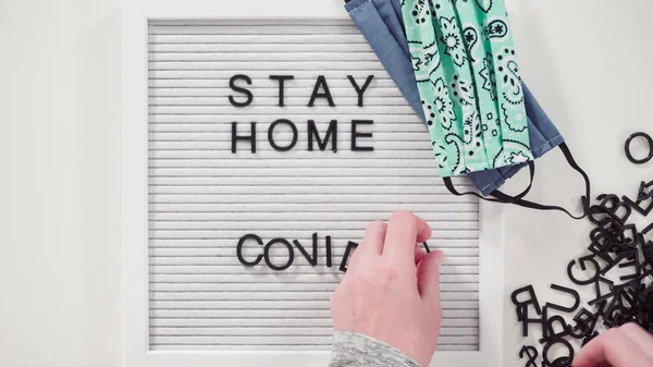 Flat Lay Stay Home Covid Sign Message Board Homemade Face — Stock Photo, Image