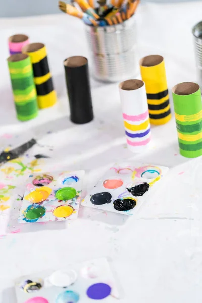 Making Different Bugs Out Empty Toilet Paper Rolls Homeschooling Art — Stock Photo, Image