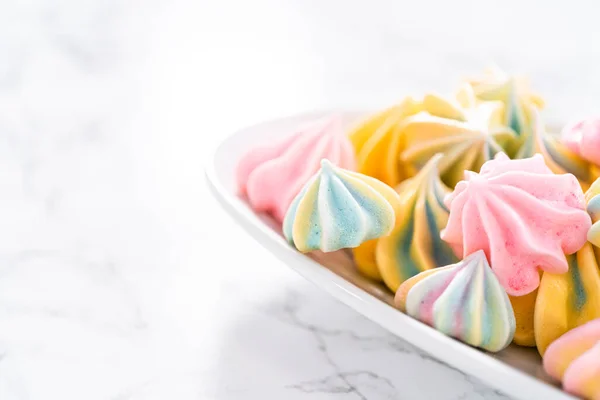 Multicolored Unicorn Meringue Cookies White Serving Plate — Stock Photo, Image