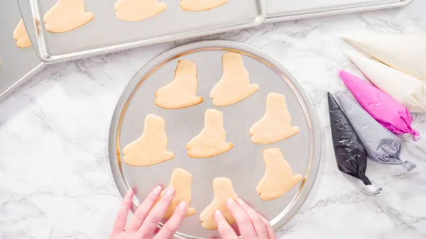 Flat Lay Decorating Ice Skate Shaped Sugar Cookies White Color — Stock Photo, Image