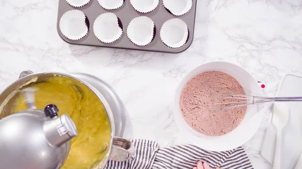 Flat Lay Step Step Mixing Ingredients Standing Kitchen Mixer Bake — Stock Photo, Image