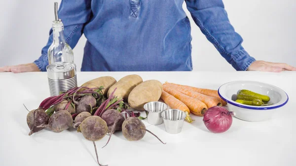 Stap Voor Stap Ingrediënten Voor Het Bereiden Van Vinaigrettesalade Ocunter — Stockfoto