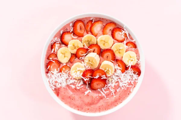 Strawberry Banana Smoothie Bowl Garnished Coconut Flakes Fresh Fruits — Stock Photo, Image