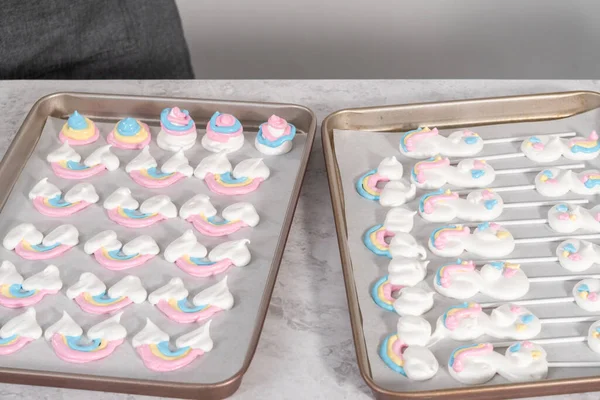 Unbaked Unicorn Theme Meringue Pops Baking Sheet Lined Parchment Paper — Stock Photo, Image