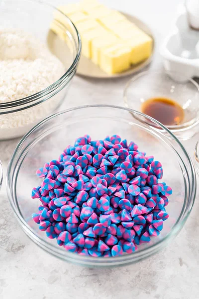 Ingredients Glass Mixing Bowls Bake Unicorn Chocolate Chip Cookies — Stock Photo, Image