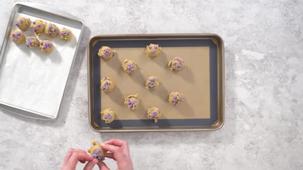 烘烤单上的冷冻饼干面团勺烘焙独角兽巧克力片饼干 — 图库视频影像