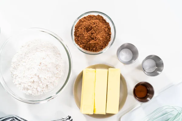 Ingredientes Tigelas Mistura Balcão Para Assar Biscoitos Chocolate — Fotografia de Stock