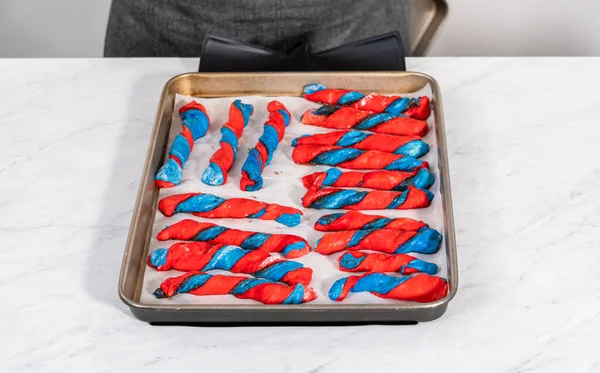 Rising Patriotic Cinnamon Twists Baking Sheet Lined Parchment Paper — Stock Photo, Image