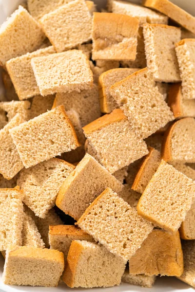 Baking Bread Pudding Raising Almond Slivers White Casserole Dish — Stock Photo, Image