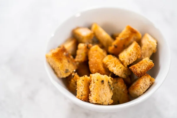 Freshly Dried Croutons White Bowl — Stock Photo, Image