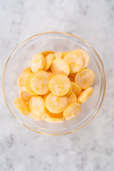Yellow Chocolate Chips Small Glass Bowl Kitchen Counter — Stock Photo, Image