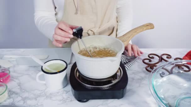 Azúcar Caramelizante Una Olla Pequeña Sobre Pequeña Estufa Eléctrica — Vídeos de Stock