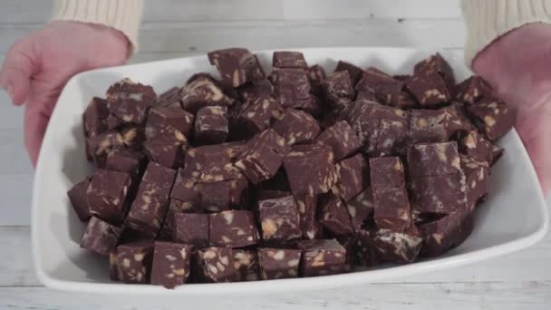 Cutting Homemade Candy Cane Fudge Packing — Stock Video