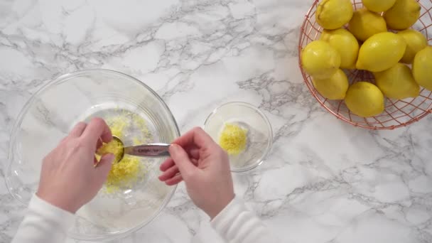 Mixing Ingredients Glass Mixing Bowl Prepare Lemon Cranberry Bundt Cake — Stock Video