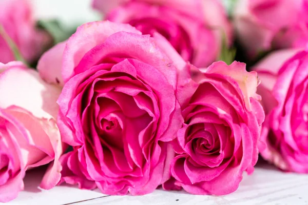 Różowe Róże Łodygą Białym Drewnianym Tle — Zdjęcie stockowe
