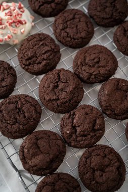 Naneli beyaz çikolatalı kurabiyeler hazırlamak için eritilmiş beyaz çikolataya çikolatalı kurabiyeler batırmak..