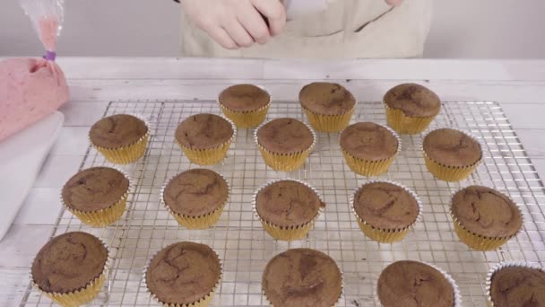 Изготовление Изысканных Шоколадных Кексов Малиной Посыпанных Шоколадными Ганачами Увенчанных Свежей — стоковое видео