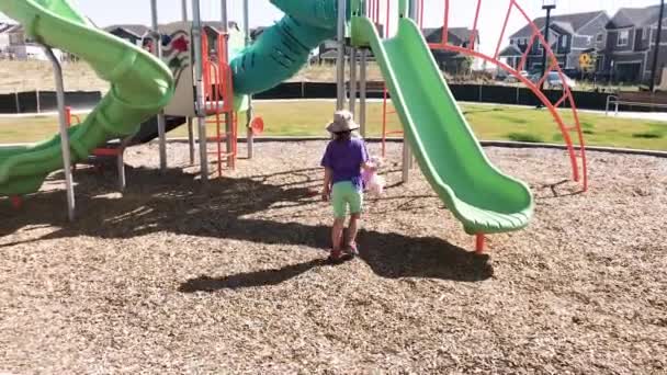 Маленька Дівчинка Грає Сучасному Дитячому Майданчику Передмісті Спекотний Літній День — стокове відео