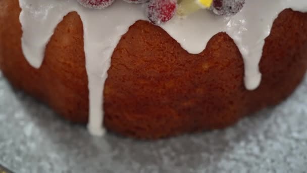 Lemon Cranberry Bundt Cake Decorated Sugar Cranberries Lemon Wedges — стоковое видео