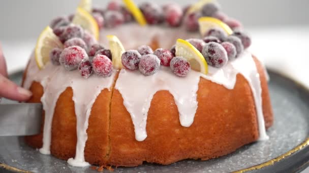 Lemon Cranberry Bundt Cake Decorated Sugar Cranberries Lemon Wedges — Videoclip de stoc
