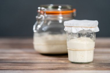 Ekşi mayalı ekmek pişirmek için cam bir mason kavanozunda başlangıç yapıyorum..