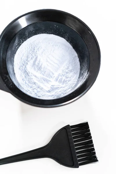 Hair Color Dye Powder Black Plastic Mixing Bowl White Background — Stock Photo, Image