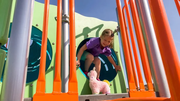 Little Girl Playing Modern Children Playground Suburbs Hot Summer Day — Stock Photo, Image