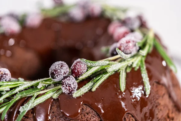 ホワイトシュガーで覆われた新鮮なクランベリーとローズマリーで飾られたチョコレート生地のケーキ — ストック写真