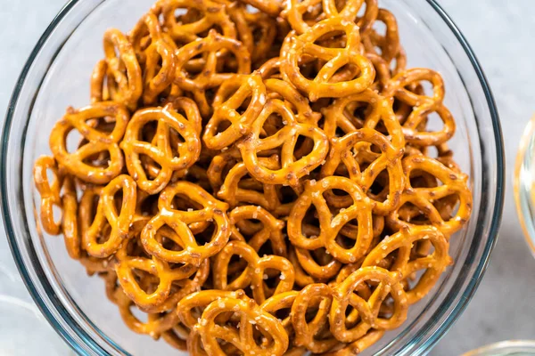 Ingredients Glass Mixing Bowls Prepare Easter Chocolate Covered Pretzel Bunnies — Stock Photo, Image