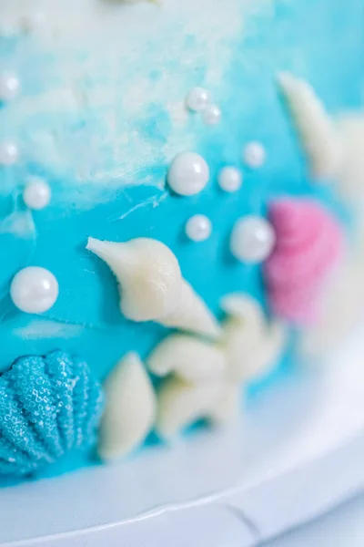 Mermaid Themed Layer Vanilla Cake Decorated Chocolate Mermaid Tails Seashells — Stock Photo, Image