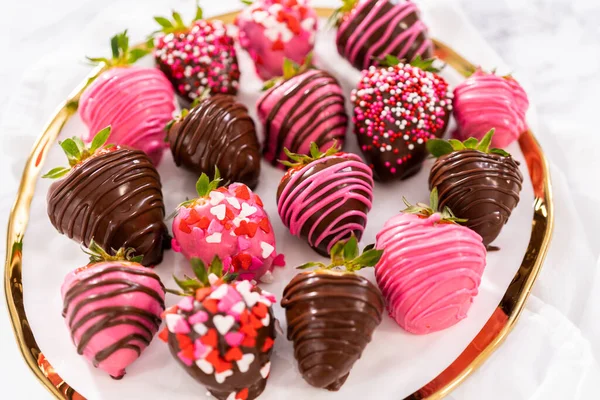 Gourmet Chocolate Covered Strawberries Decorated Chocolate Drizzles Sprinkles White Plate — Stock Photo, Image