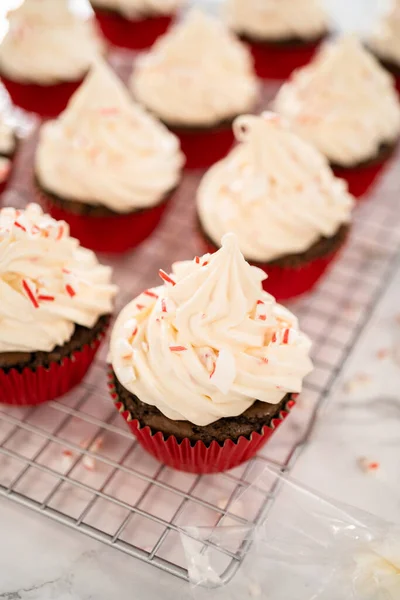 Piping Pepermunt Boterroom Glazuur Top Van Chocolade Cupcakes Versieren Met — Stockfoto