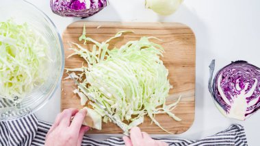 Düz yatıyordu. Adım adım. Ağaç kesme tahtasıyla organik lahana doğruyorum..