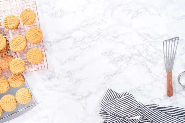 Düz yatıyordu. Fırında pişmiş fıstık ezmeli kurabiyeler..