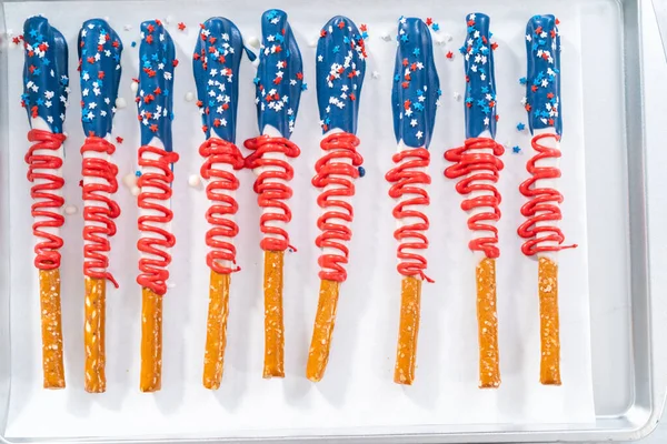 Homemade Chocolate Covered Pretzel Rods Decorated American Flag Drying Baking — Stock Photo, Image