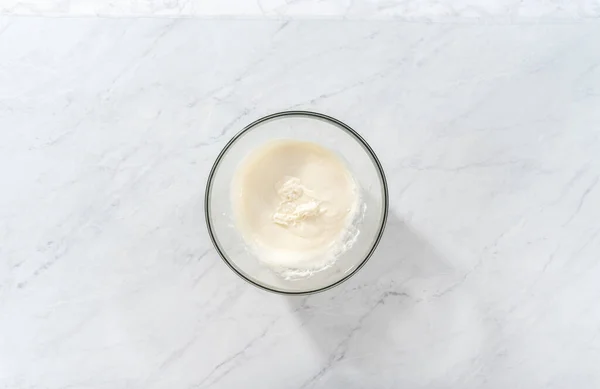 Flat Lay Mixing Ingredients Large Glass Mixing Bowl Make Cream — Stock Fotó