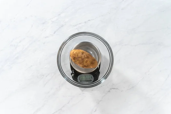 Flat Lay Pressure Cooker Baked Potatoes Measuring Raw Potatoes Glass — Stock Photo, Image